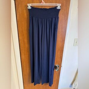 NWT UEU Smocked Lightweight Navy Blue High Waisted Wide Leg Yoga Pants size M